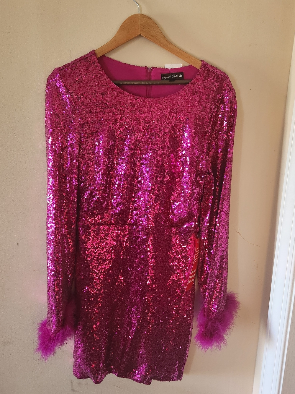 Crystal Doll Hot Pink Sequin Long-Sleeve Mini Dress with Feather Cuffs